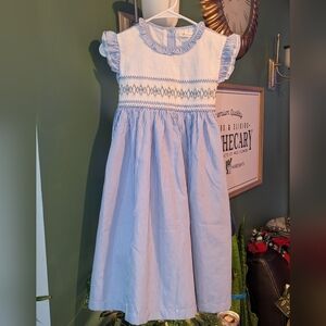 Pettigirl Girls Smocked Dress Sz 12 Blue White Striped Easter Embroidered Flower